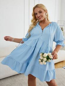 Simplee Plus Frilled Tie Neck Puff Sleeve Ruffle Hem Smock Dress - Baby Blue - View 3