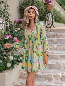 Rusttydustty 滿版印花燈籠袖連衣裙 - 彩色 - 查看 4