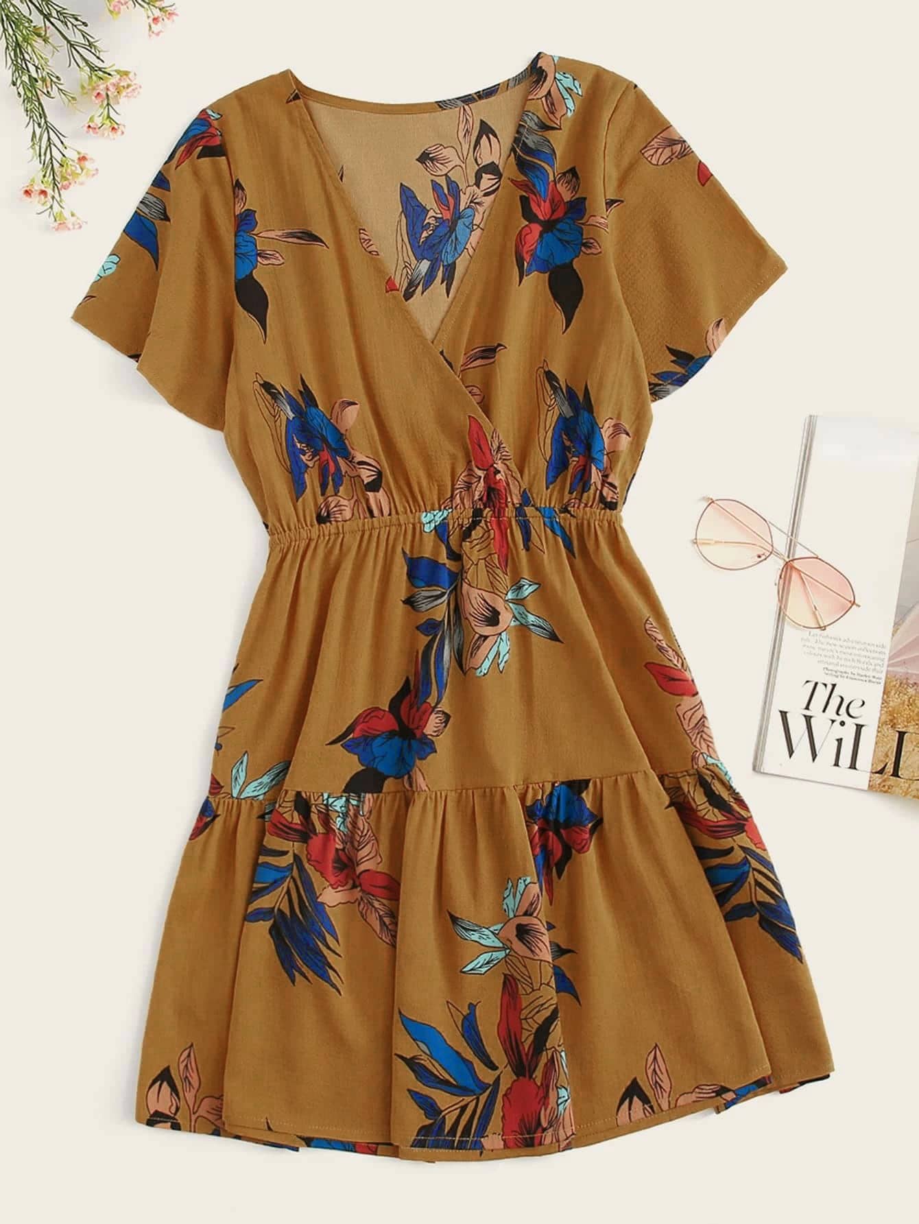 SHEIN LUNE Ruffle Hem Floral Print Dress - Mustard Yellow - View 1