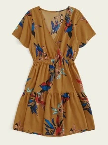 SHEIN LUNE Ruffle Hem Floral Print Dress - Mustard Yellow - View 3