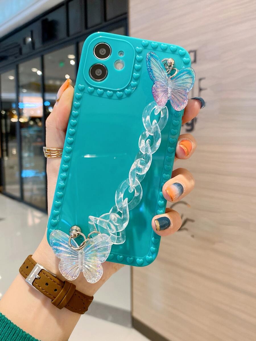 Funda de celular con tira de mano con diseño de mariposa 3D - Azul Cadete - Ver 1
