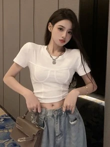 Solid Bustier Crop Tee - White - View 3