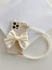 蝴蝶結裝飾手機外殼帶珍珠 - 米色 - 查看 2