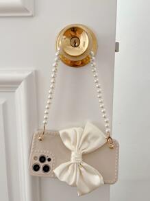 蝴蝶結裝飾手機外殼帶珍珠 - 米色 - 查看 4