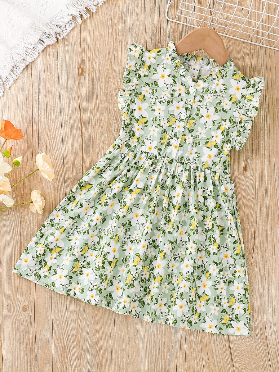 SHEIN Kleinkind Mädchen Kleid mit Blume Muster, Rüschenbesatz - Verschiedenfarbig - Übersicht 1