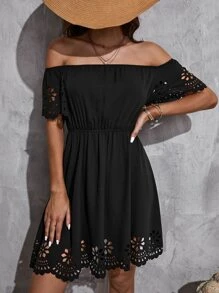 Cutout Scallop Trim Off Shoulder Solid Dress - Black - View 2