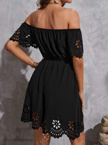 Cutout Scallop Trim Off Shoulder Solid Dress - Black - View 3