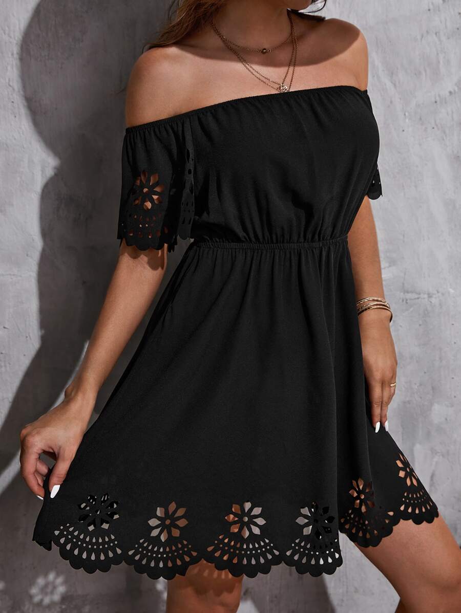 Cutout Scallop Trim Off Shoulder Solid Dress - Black - View 1