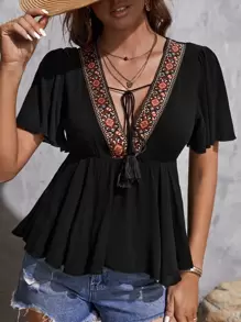 SHEIN VCAY Floral Embroidery Tie Front Button Front Peplum Top - Black - View 2