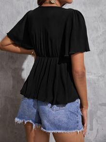 SHEIN VCAY Floral Embroidery Tie Front Button Front Peplum Top - Black - View 3