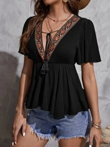 SHEIN VCAY Floral Embroidery Tie Front Button Front Peplum Top - Black - View 4