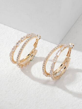 1pc Cubic Zirconia Decor Layered Hoop Earrings Copper Jewelry
