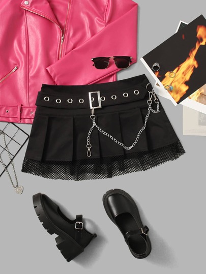 Falda fruncido con cadena con diseño de hebilla con malla en contraste