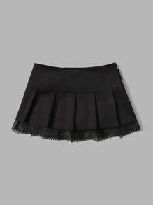 ROMWE PUNK Chain Buckled Detail Contrast Fishnet Pleated Skirt - Black - View 2