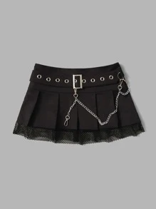 ROMWE PUNK Chain Buckled Detail Contrast Fishnet Pleated Skirt - Black - View 3