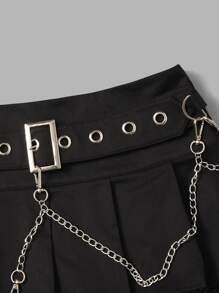 ROMWE PUNK Chain Buckled Detail Contrast Fishnet Pleated Skirt - Black - View 4