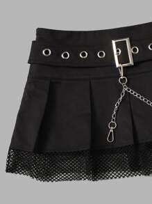 ROMWE PUNK Chain Buckled Detail Contrast Fishnet Pleated Skirt - Black - View 5