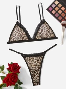 Leopard Print Lace Trim Mesh Lingerie Set - Multicolor - View 1