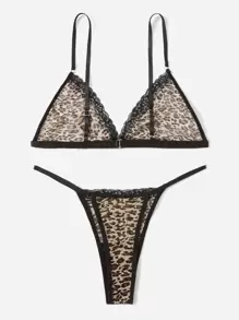 Leopard Print Lace Trim Mesh Lingerie Set - Multicolor - View 2