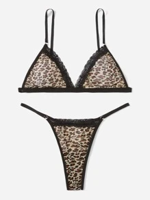 Leopard Print Lace Trim Mesh Lingerie Set - Multicolor - View 4