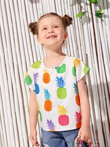 SHEIN 小女童蝙蝠袖鳳梨印花襯衫