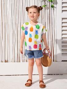 SHEIN 小女童蝙蝠袖鳳梨印花襯衫