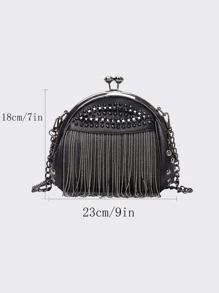Bolso de hombro versátil clásico, de unicolor, bolso de concha minimalista y elegante con remaches y borlas, bolso cruzado elegante y estiloso, adecuado para ir al trabajo, citas y compras - Negro - Ver 4