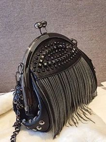 Bolso de hombro versátil clásico, de unicolor, bolso de concha minimalista y elegante con remaches y borlas, bolso cruzado elegante y estiloso, adecuado para ir al trabajo, citas y compras - Negro - Ver 6