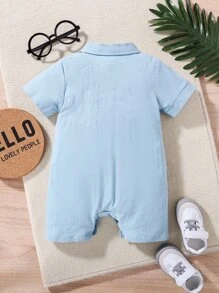 SHEIN Baby Boy Dinosaur Embroidery Button Half Placket Romper