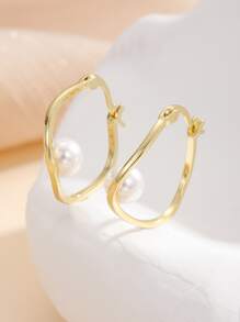 人造珍珠裝飾圓耳環 - 金黃色 - 查看 1