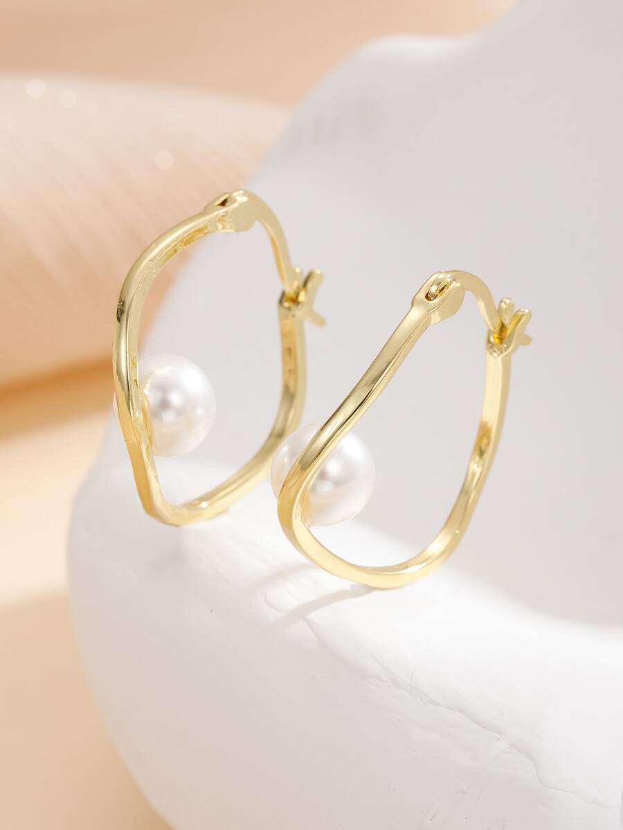 人造珍珠裝飾圓耳環 - 金黃色 - 查看 1