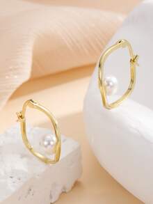 人造珍珠裝飾圓耳環 - 金黃色 - 查看 2