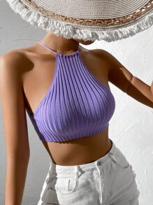 SHEIN VCAY Tie Backless Crop Halter Knit Top - Violet Purple - View 1