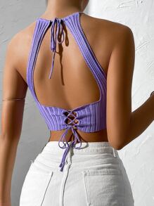 SHEIN VCAY Tie Backless Crop Halter Knit Top - Violet Purple - View 2