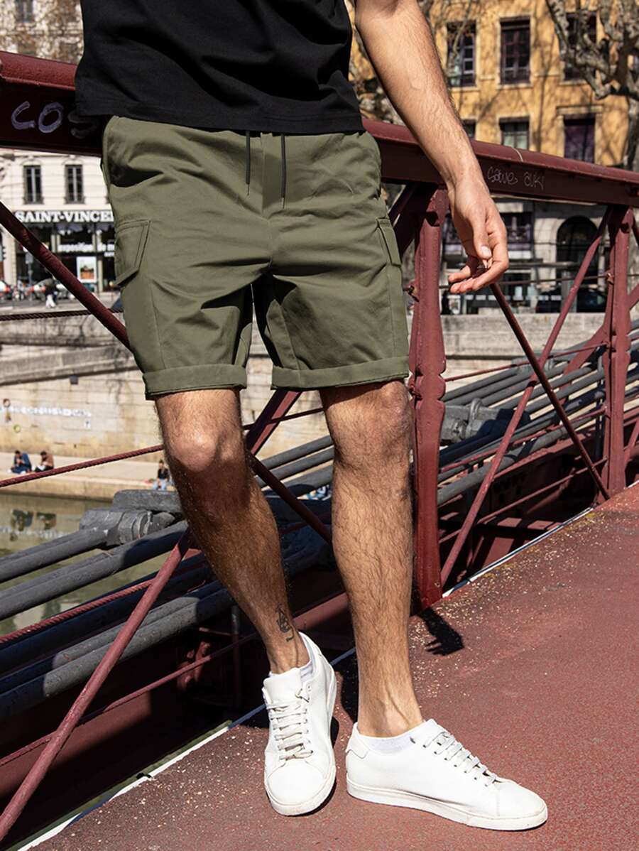 Manfinity Homme Loose Fit Men's Drawstring Waist Cargo Shorts With Flap Pockets Dress Plain Olive Green Urban - Army Green - View 1