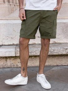 Manfinity Homme Loose Fit Men's Drawstring Waist Cargo Shorts With Flap Pockets Dress Plain Olive Green Urban - Army Green - View 3