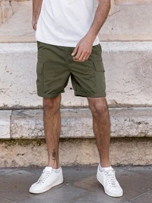 Manfinity Homme Loose Fit Men's Drawstring Waist Cargo Shorts With Flap Pockets Dress Plain Olive Green Urban - Army Green - View 4