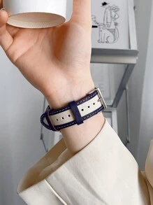 1pc Canvas And Genuine Leather Watch Strap Stylish Compatible With Apple Watch Band 49mm 45mm 44mm 42mm 41mm 38mm 40mm Compatible With Apple Watch Ultra SE Series 8 7 6 5 4 3 2 1 Men Women - Blue and White - View 1