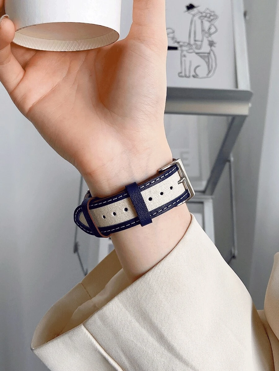 1pc Canvas And Genuine Leather Watch Strap Stylish Compatible With Apple Watch Band 49mm 45mm 44mm 42mm 41mm 38mm 40mm Compatible With Apple Watch Ultra SE Series 8 7 6 5 4 3 2 1 Men Women - Blue and White - View 1