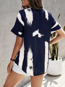 SHEIN LUNE Brush Print Batwing Sleeve Blouse - Navy Blue - View 2