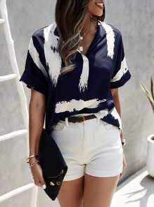 SHEIN LUNE Brush Print Batwing Sleeve Blouse - Navy Blue - View 3