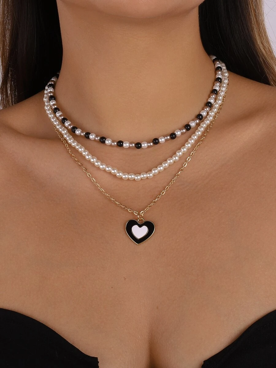 3入組人造珍珠裝飾心形墜飾項鍊 - 黑色 - 查看 1