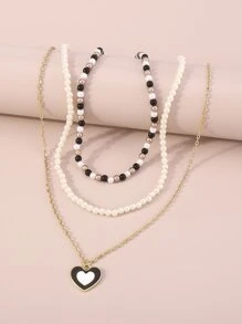 3入組人造珍珠裝飾心形墜飾項鍊 - 黑色 - 查看 2