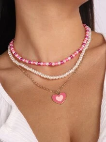 3pcs Heart Charm Faux Pearl Decor Necklace - Pink - View 1