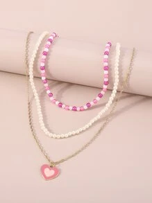3pcs Heart Charm Faux Pearl Decor Necklace - Pink - View 2
