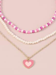 3pcs Heart Charm Faux Pearl Decor Necklace - Pink - View 3