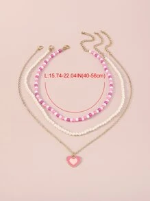 3pcs Heart Charm Faux Pearl Decor Necklace - Pink - View 4