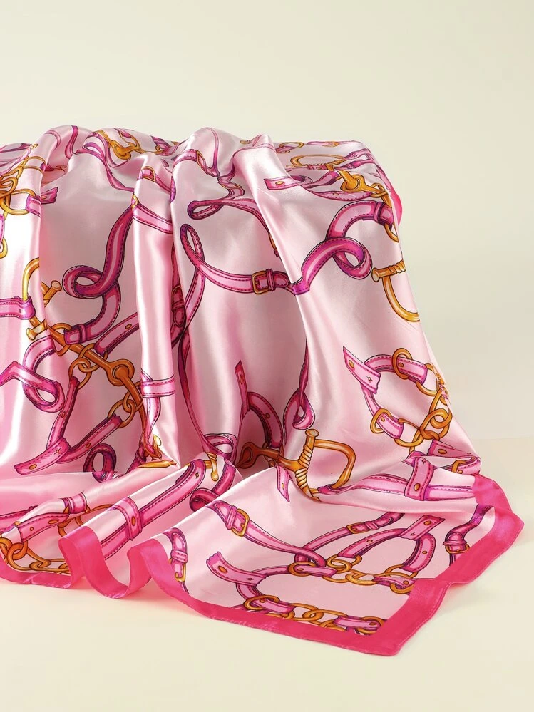1pc 85 Square Scarf Moonlit Silk Chain Geometric Print Bandana Headwrap Bandana,Hair Band,Head Band Ideal For Dressing Up Your Look - Pink - View 3