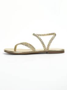 Metallic Braided Detail Thong Sandals, Women's Flat Sandals With Metallic Toe Separator, Weaved Straps And Solid Color Design - Gold - View 3