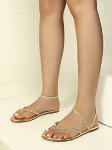 Metallic Braided Detail Thong Sandals, Women's Flat Sandals With Metallic Toe Separator, Weaved Straps And Solid Color Design - Gold - View 5